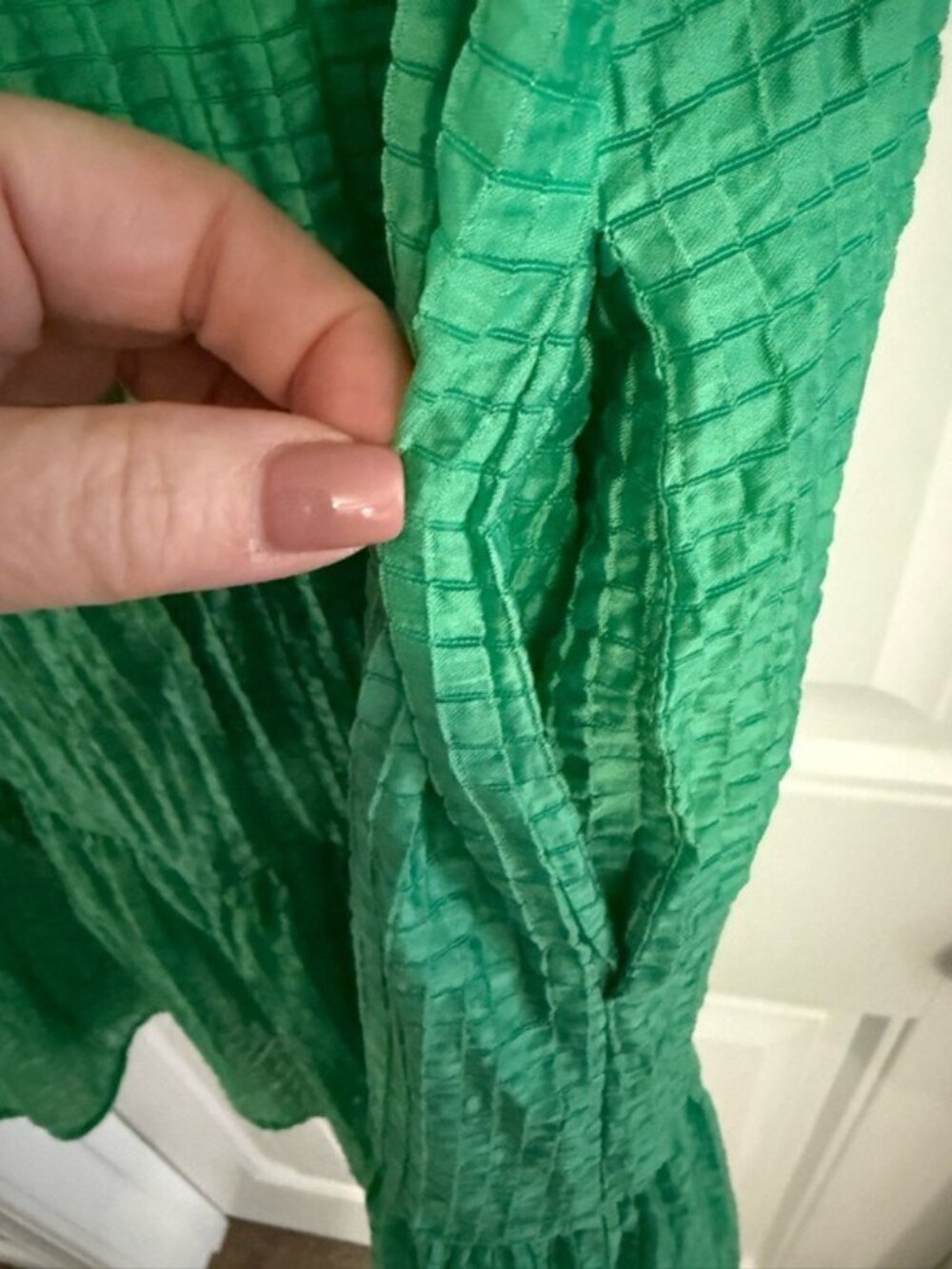 THML Green Textured Mini Dress Small Tie Neck Puff Sleeve Tier Boho Cottagecore - Picture 7 of 12